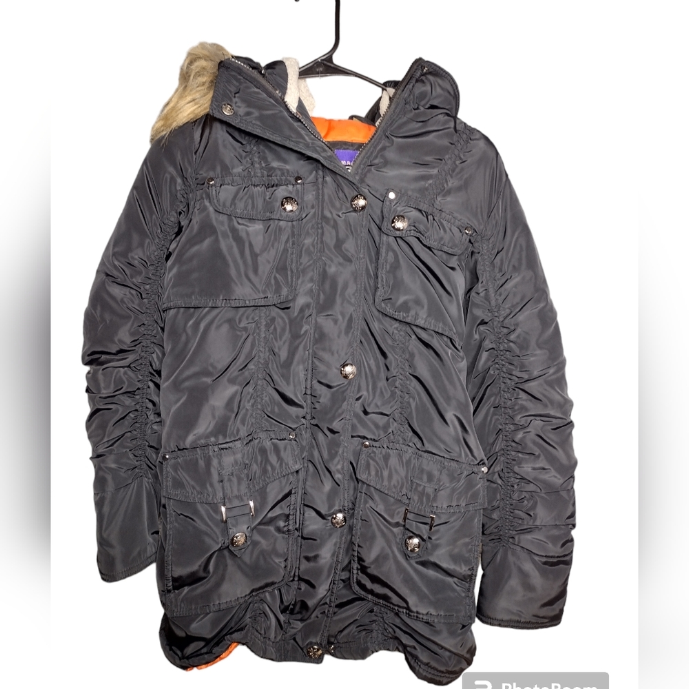 Madden Girl faux fur hooded coat puffer style with snap pockets and zipper M